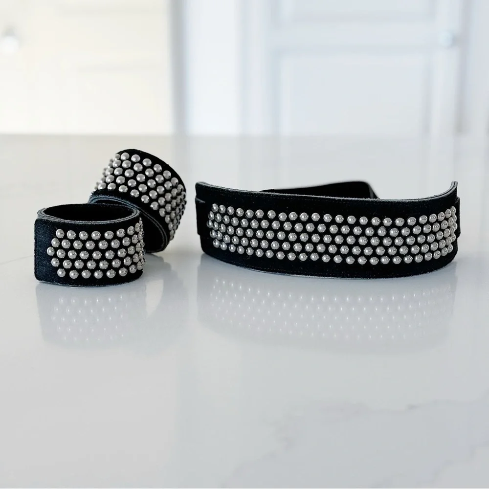 🤩 Stunning Genuine Studded Suede Black Belt And Matching Bracelets